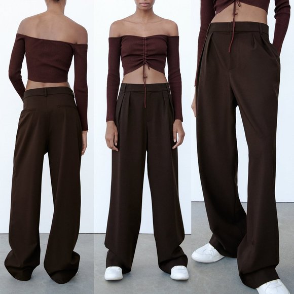 Zara Pants - NEW Zara High Waist Full Length Wide Leg Pleated Darted Trouser Pants Brown L